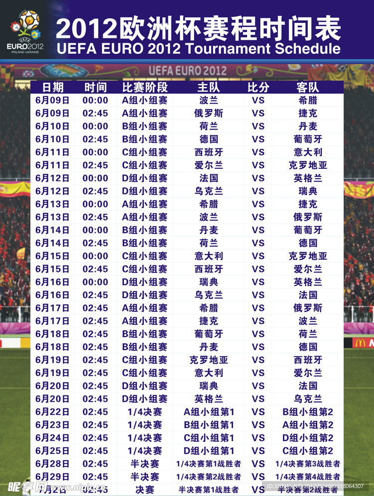 2012年欧洲杯赛程时间表，那些激情燃烧的夏日